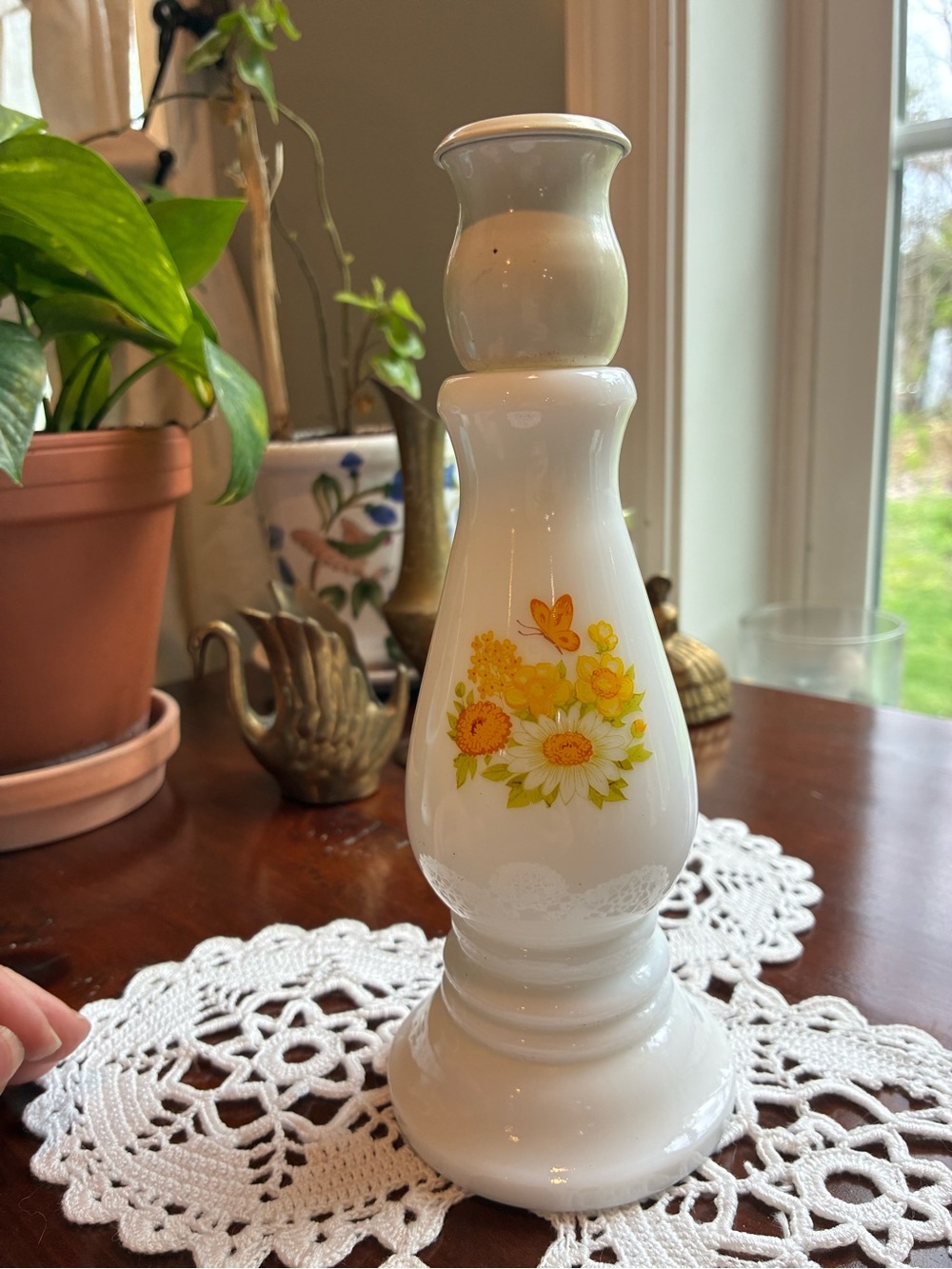 White Floral Milk Glass Candle Holder with Yellow Flower Motif